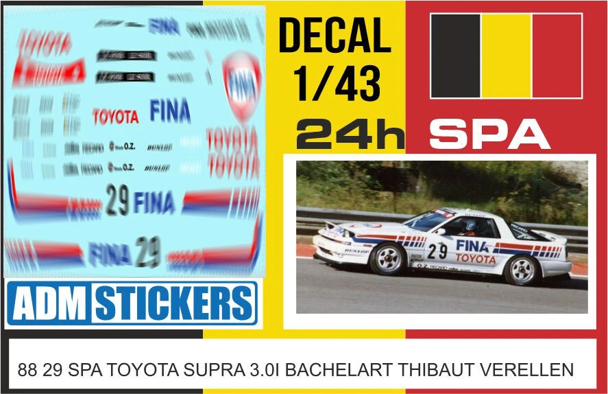 88 29 DECAL 1/43 24H SPA 1988 29 TOYOTA SUPRA BACHELART THIBAUT VERELLEN - Immagine 1 di 1