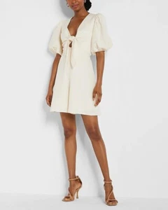 Express Linen Blend Puffed Sleeve Tie Front Romper Size XS NWoT - Picture 1 of 6