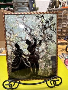 Vintage viktorianisches Paar Baum Silhouetten umgekehrt bemalt konvex Glas USA 6x8 - Bild 1 von 2