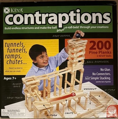 Complete KEVA Contraptions 200 STEM Building Set: Wood Planks, Two Balls & Guide - Image 1 of 4