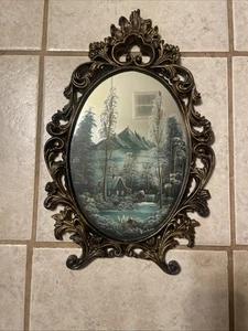 Vintage Hand Painted Mirror Cabin And Creek Scene Signed J Graham - Picture 1 of 8
