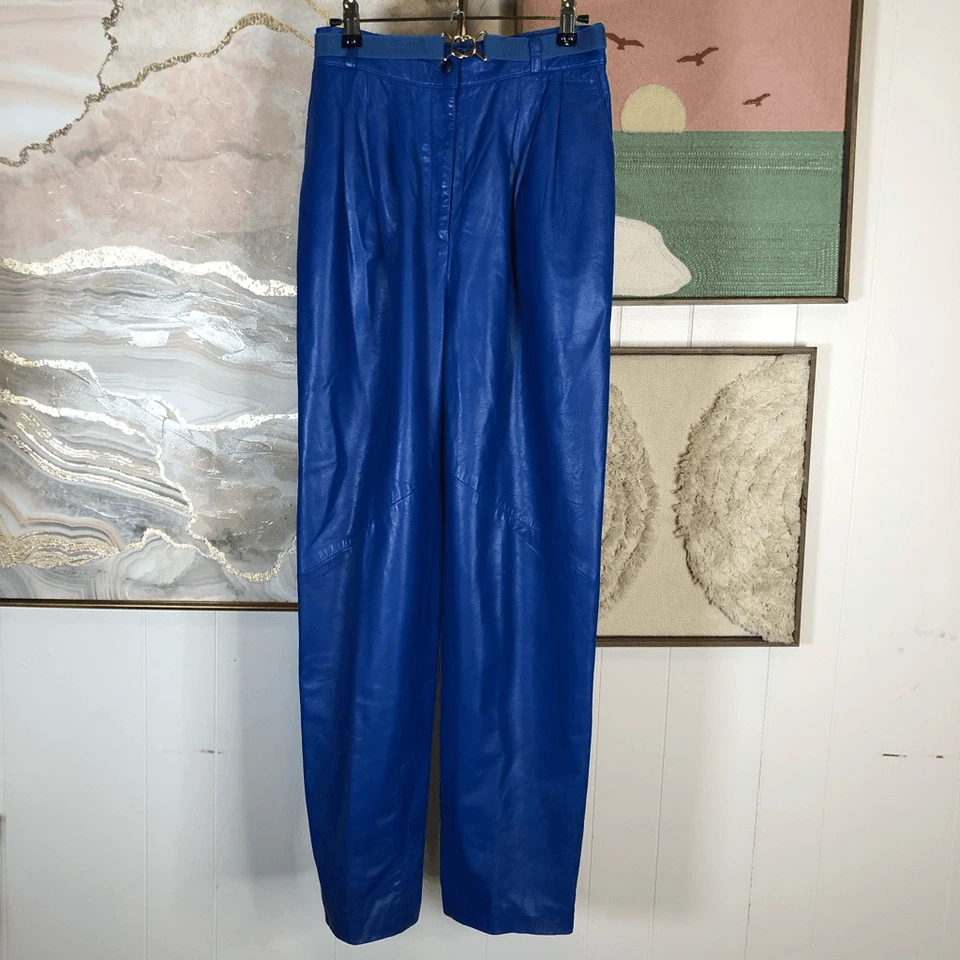 Pantalones rectos plisados forrados de cuero suave vintage para mujer talla azul real Foto 1 de 4