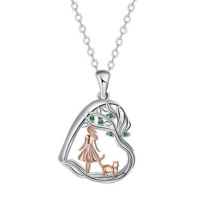 European Women Girl Cat Heart AAA CZ Pendant Necklace Chain Silver Plated - Image 1 of 4