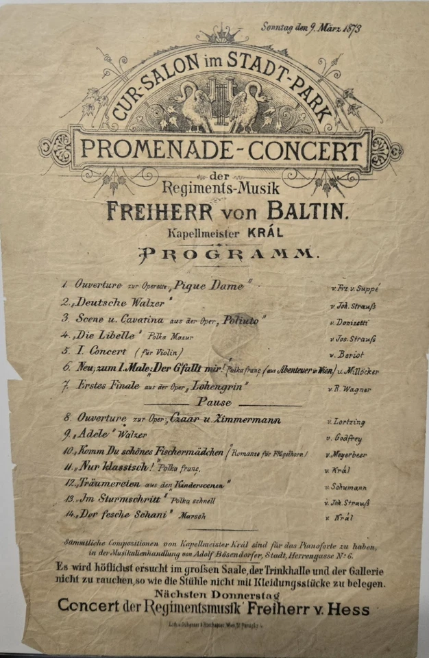 9 de marzo de 1873 Programa de conciertos Promenade Viena, Austria Foto 1 de 1
