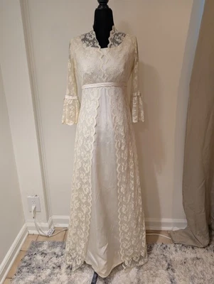 Vintage 1960s Unbranded Ivory Wedding Dress Empire Waist Lace Bow Flounce Sleeve - Image 1 of 4