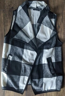 Yacun Women's Black & White Large Plaid Check Sleeveless Open Cardigan Size L - Image 1 of 4