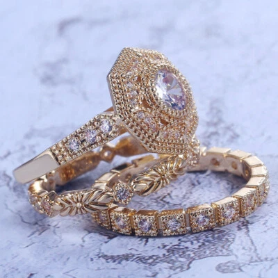 3pcs/set Women Ring 18K Yellow Gold Plated Jewelry Cubic Zirconia Ring Size 6-10 - Image 1 of 4