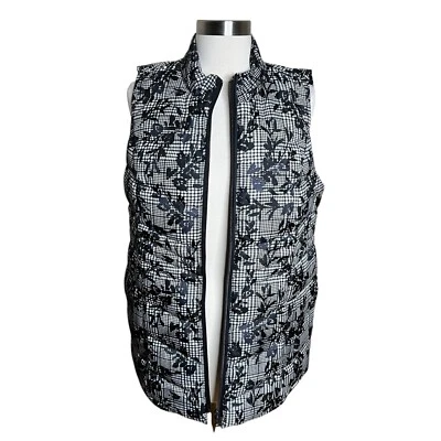 J Jill Down Puffer Vest Womens Small Petite Black White Floral Quilted Full Zip - Image 1 of 4