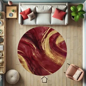 Burgundy Round Rug, Red Gold Carpet, Abstract Art Rug, Glam Round Mat, Luxury - Picture 1 of 12