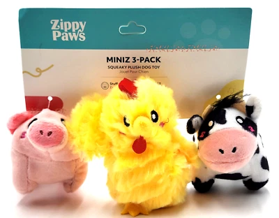 Zippy Paws Miniz 3 Pk Barnyard Friends Pig Duck Cow Squeaky Plush Dog Toys 5" - Image 1 of 4