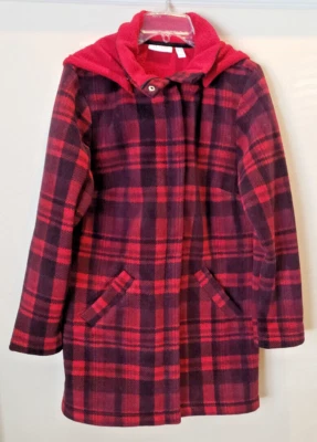 Abrigo con Capucha Denim & Co. Para Mujer a Cuadros Sherpa Forrado Bolsillos Rojo Talla Pequeña Cremallera a Presión Foto 1 de 3