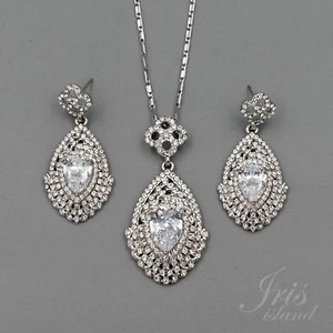 Rhodium Plated Clear Crystal CZ Necklace Earrings Bridal Wedding Jewelry Set 449 - Picture 1 of 9