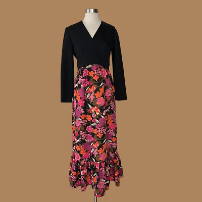 Maxi vestido floral negro brillante vintage años 70 para mujer Foto 1 de 4