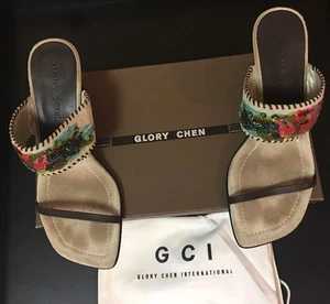 GLORY CHEN WHIMSEY SLIP ON HEELS SIZE 7 1/2 WOMENS Brown Tan - Picture 1 of 5