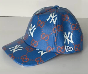 Gucci Men’s NY Yankees GG Logo Leather Baseball Cap Hat Blue M 729592 New - Picture 1 of 11