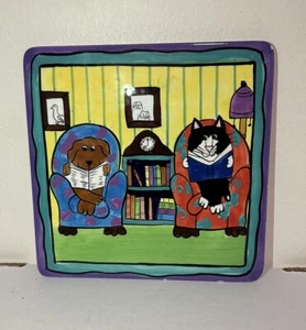 Catzilla 1999 - Candace Reiter 6" remache azulejo arte - gato perro leyendo juntos - Imagen 1 de 7