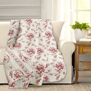 Fuchsia Red Rose White Floral Printed Reversible Cotton Quilted Throw 
