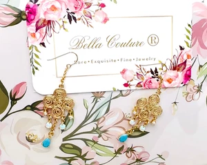 PENDIENTES COLGANTES NUEVOS ÓPALO PERLA ORO AMARILLO 14K TURQUESA VICTORIANA ARAÑA - Imagen 1 de 24