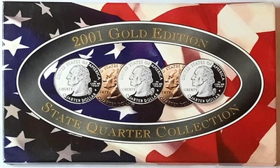 A COMPLETE 2001 D Five Coin "BU" "GOLD PLATED" State Quarter Set Box & COA - Image 1 of 2