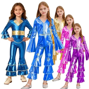 Kinder Mädchen Metallic Ruffles Langärmelige 70er Disco Bell Bottom Jumpsuit - Picture 1 of 53