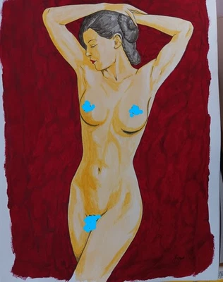 Figura femenina pintura acuarela tinta artista desnudo Jerome Cadd "Terciopelo rojo" Foto 1 de 4