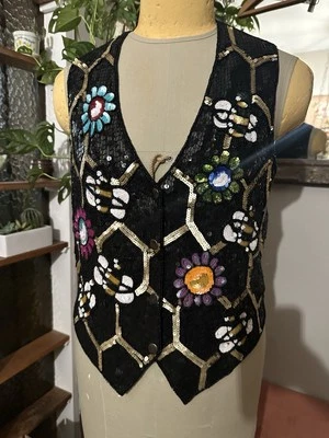 Quacker Factory Sequin & Beaded Vest Spring Flowers Bees Honey Comb Black Medium - Image 1 of 4