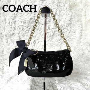 Coach Poppy Sequins Bag Black Ribbon Logo Charm Gold Chain Handbag Auth Vintage - Picture 1 of 24