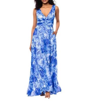 NWT Betsy & Adam Size 8 Chiffon Floral Print V-Neck Sleeveless A-Line Gown - Image 1 of 4