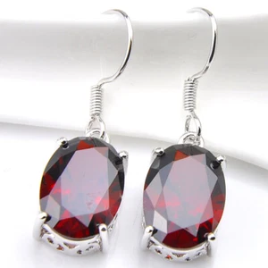 Elegant Woman Jewelry Gift Oval Fire Red Garnet Gems Silver Danlge Hook Earrings - Picture 1 of 4
