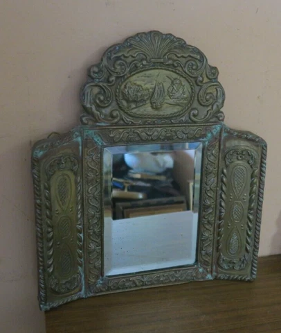 Vintage Dutch Tooled Handmade embossed Copper Framed Wall Mirror 15" x 17" Cover