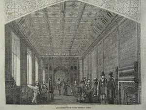 London Parliament REFRESHMENT ROOM OF HOUSE OF LORDS Victorian Print 1854 - Bild 1 von 2