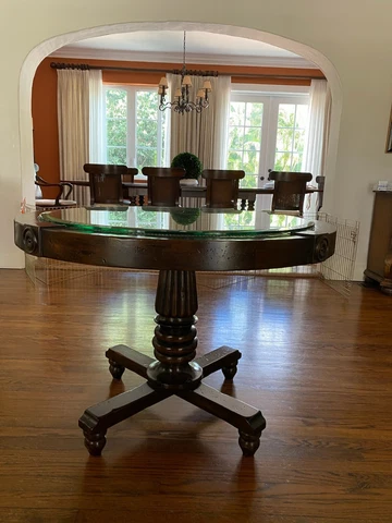 Hooker round distressed mahogany dining table cane and glass top made in Italian Cover