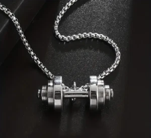 FITNESS Men Stainless Steel Dumbbell Pendant Necklace Gym Weight Lifting - Picture 1 of 7