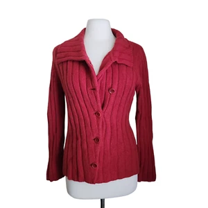 Garnet Hill Cardigan Ribbed Sweater Womens M Wool Cashmere Red Button Front - Picture 1 of 14