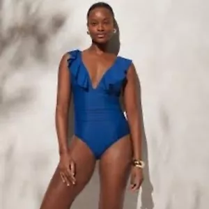 NWT J.Crew Ruched Ruffle One-Piece Swimsuit Blue Size 24 - Picture 1 of 6