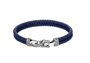 JOHN HARDY PLATA SANTA ASLI CL. PULSERA CADENA DOBLE CUERO TRENZADO AZUL TALLA M - Imagen 1 de 5