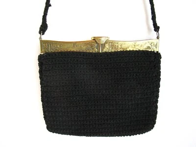 Vintage Woven Crochet Black Yarn/Cord Purse/Handbag Gold Tone Metal Dutch Scene - Image 1 of 4