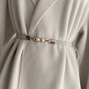 Women PU Leather Elastic Thin Waist Belt Double Pearl Belt Dress Decor Waistband
