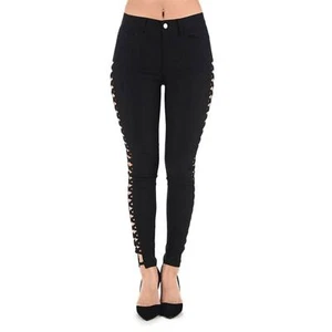 Pantalones ajustados elásticos informales para mujer AQ corte lateral cintura alta negros talla 9 - Imagen 1 de 11