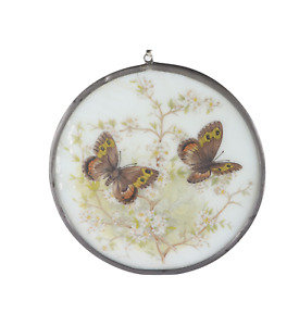 Vtg 50s Leaded Milk Glass Hand Painted Butterfly Floral Window Suncatcher 5.5'