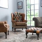 Lorton Harris Tweed Leather Mix Patchwork Wing Chair Armchair High Back