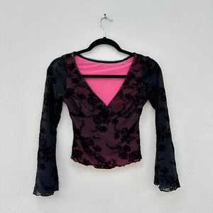 Shein Damen Blumen Velour Top Größe XS Whimsigoth Grunge Dark Fairy V-Ausschnitt schwarz - Bild 1 von 11