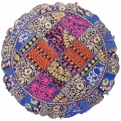 Indian Patchwork Round Pouf Ottoman Cover Foot Stool Moroccan Pouffe Cover - Image 1 of 3