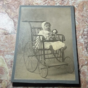 Antique Cabinet Card Baby In  Carriage Holding A Doll Children And Infants - Picture 1 of 2