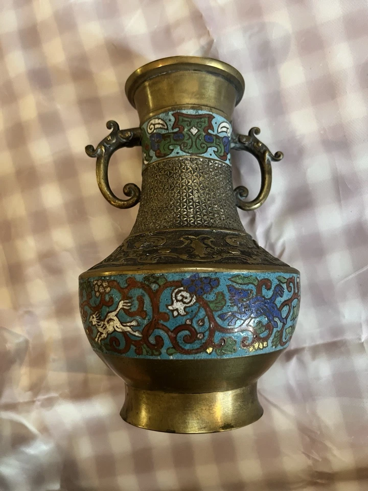 古董罕见世纪日本 Cloisonné Champlevé Urn 花瓶 — 第 1/4 张图片