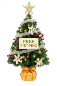 Mini Christmas Tree with Lights | Tabletop Xmas Tree Decor |Ornaments Snowflakes - Picture 1 of 7