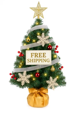 Mini Christmas Tree with Lights | Tabletop Xmas Tree Decor |Ornaments Snowflakes - Image 1 of 4