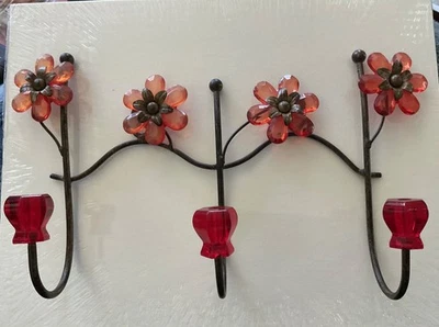 Ganchos de pared florales vintage de hierro forjado metal lucite acrílico rojo melocotón 3 puntas Foto 1 de 4