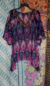 Women's Plus Elementz Sheer Peacock Tunic Top Beaded V-neck 2X 46B EUC - Picture 1 of 2