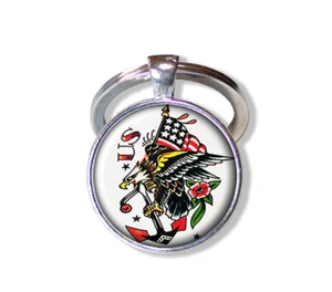 Retro Tattoo patriotisch USA Flagge Handarbeit RUND Glas Anhänger Schlüsselanhänger SCHLÜSSELRING - Bild 1 von 7